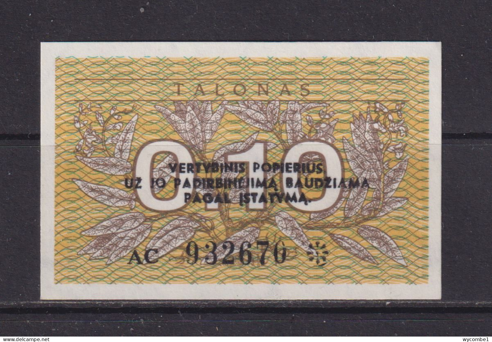 LITHUANIA - 1991 0.10 Talonas UNC Banknote - Litouwen