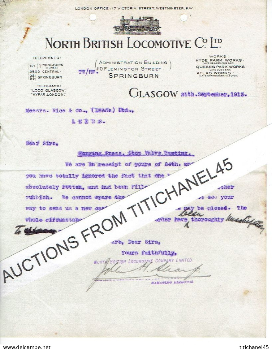 1913 GLASGOW - Letter From NORTH BRITISH LOCOMOTIVE C° - Locomotive Manufacturer - Verenigd-Koninkrijk