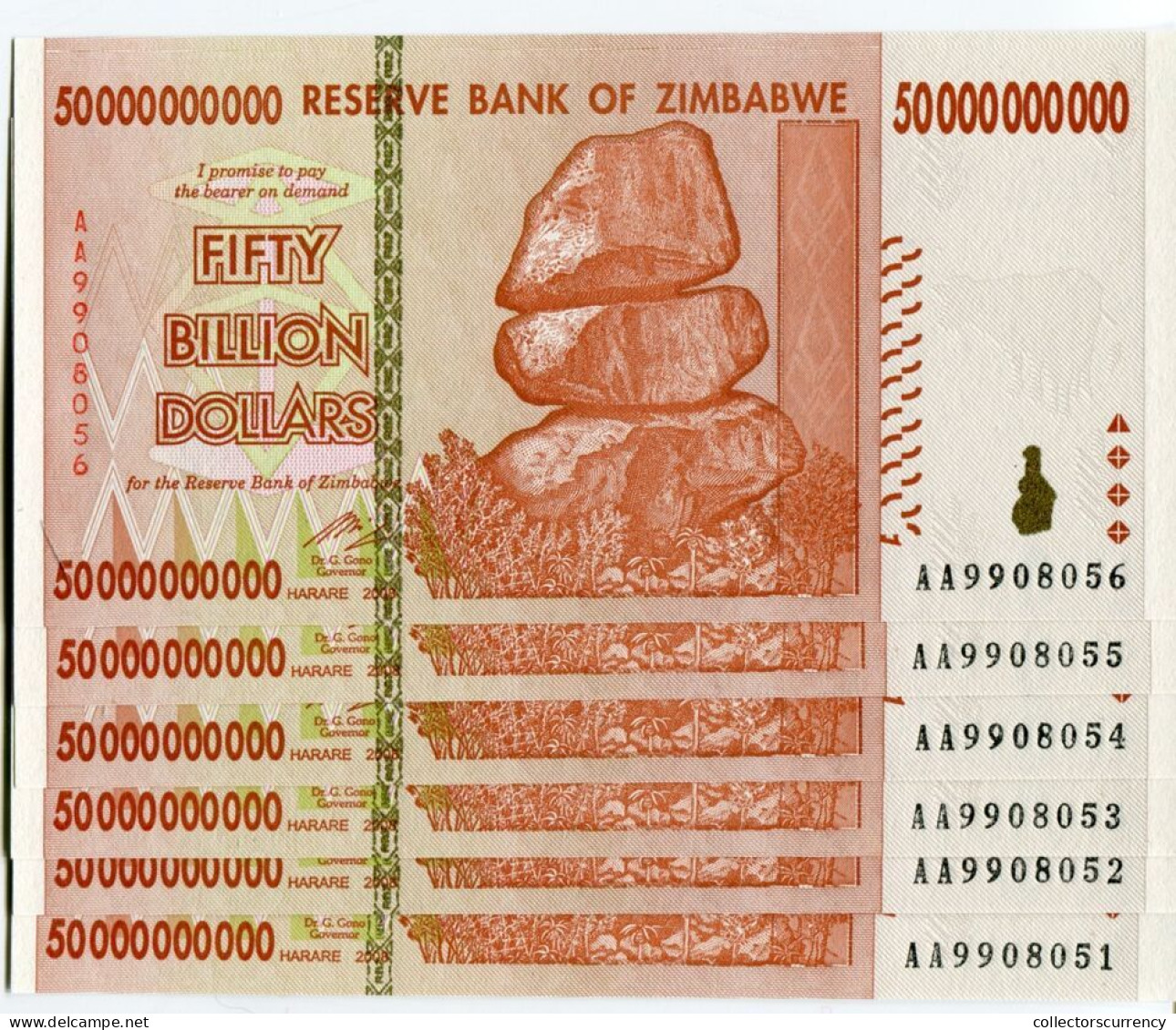 Zimbabwe 50 Billion Dollar 2008 AA Currency UNC Banknotes Money P87 X 5 Note Lot - Simbabwe