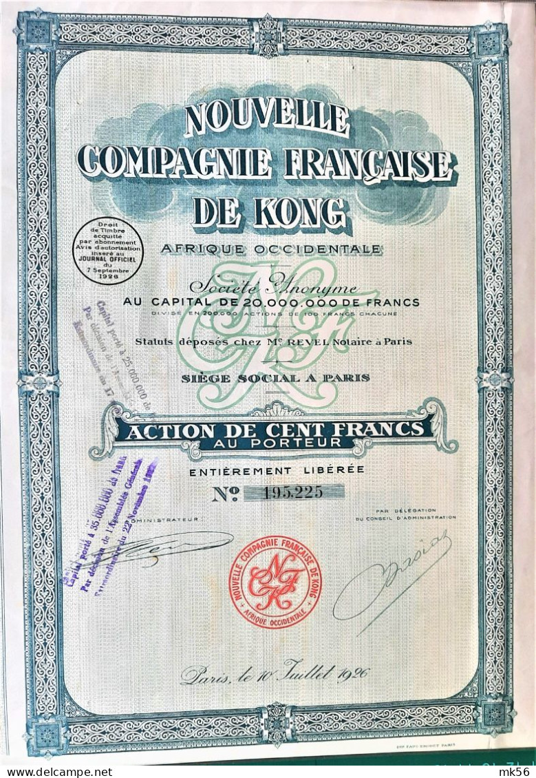 Nouvelle Compagnie Française De Kong - 1926 -Paris - Action De 100 Francs - Afrika