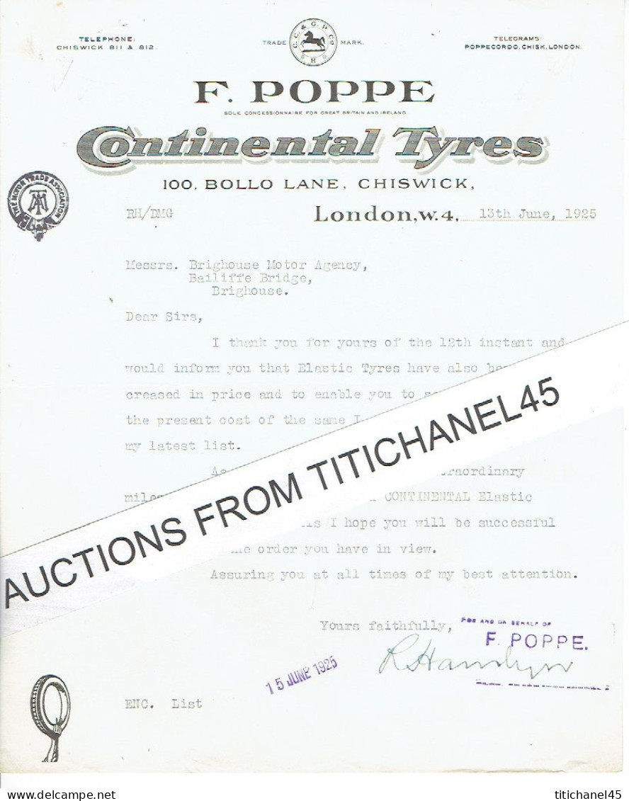 1925 LONDON -  Letter From F. POPPE - Continental Tyres - Verenigd-Koninkrijk