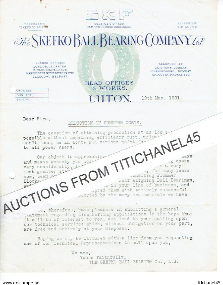1924 LUTON -  Letter The SKEFKO BALL BEARING COMPANY Ltd - Mechnaical Bearing Manufacturer - Verenigd-Koninkrijk