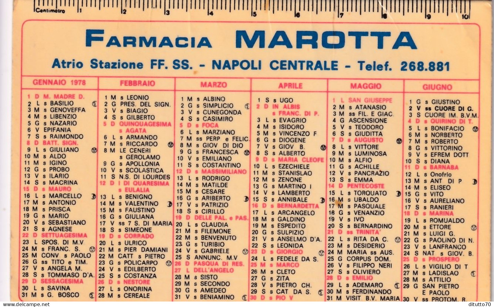 Calendarietto - Farmacia Marotta - Napoli - Anno 1978 - Kleinformat : 1971-80