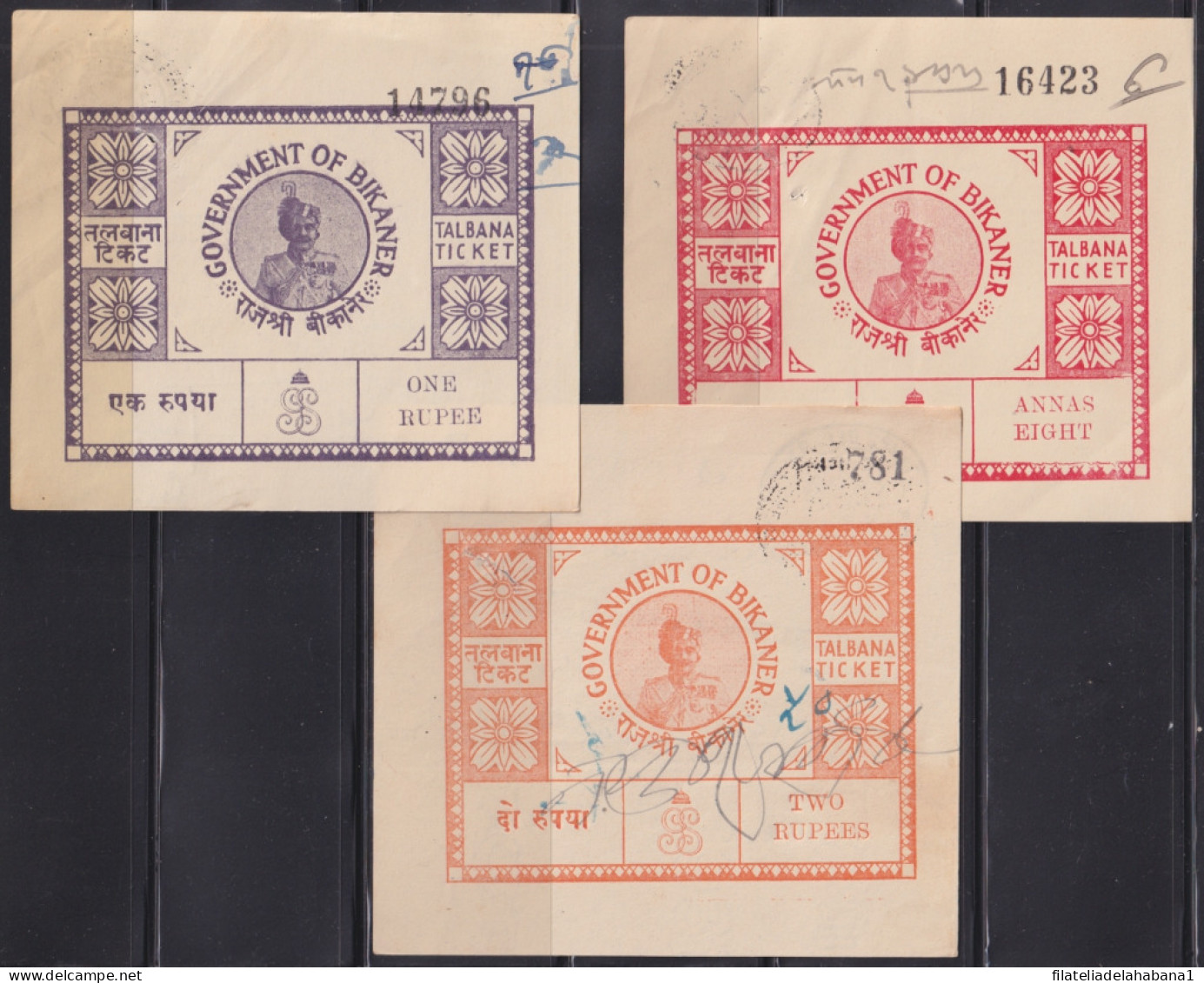 F-EX48587 INDIA REVENUE BIKANER FEUDATARY TICKET STAMPS LOT OF 9.  - Andere & Zonder Classificatie