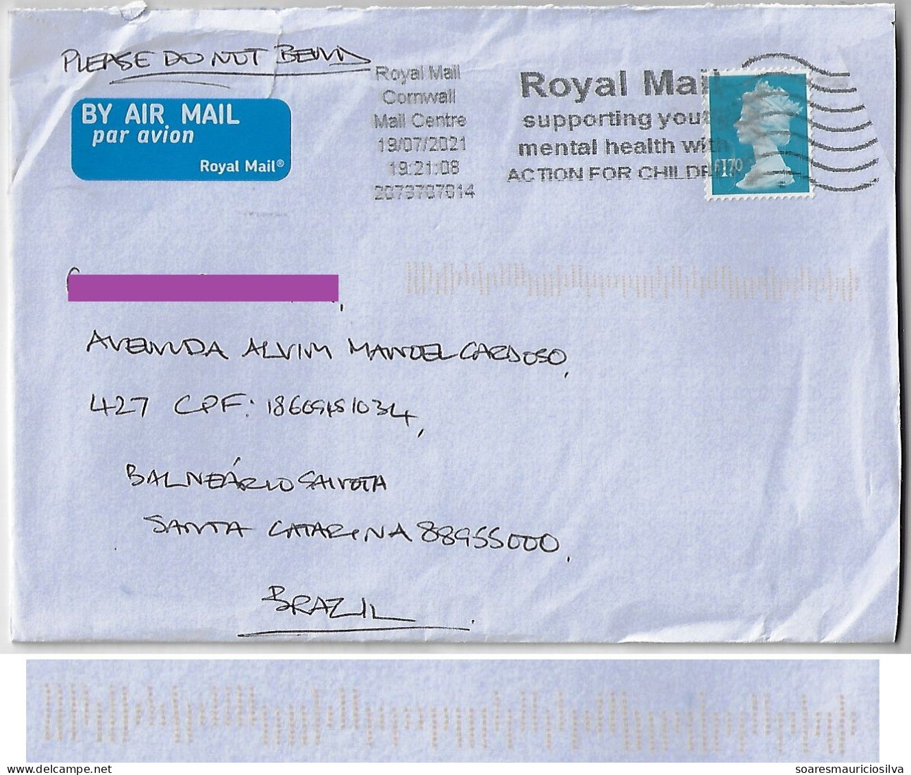 Great Britain 2021 Cover Cornwall Brazil Cancel Royal Mail Supporting Your Mental Health With Action For Children Machin - Non Classés
