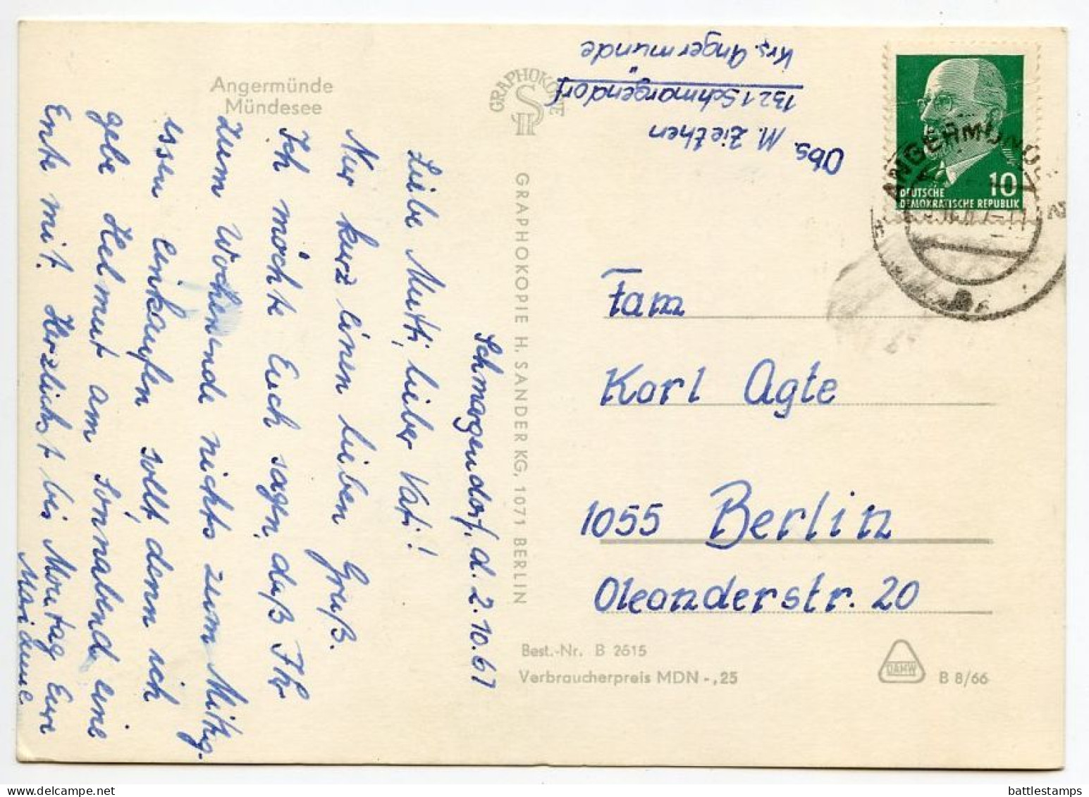 Germany, DDR 1967 RPPC Postcard Angermünde - Mündesee; 10pf. Chairman Walter Ulbricht Stamp - Angermünde