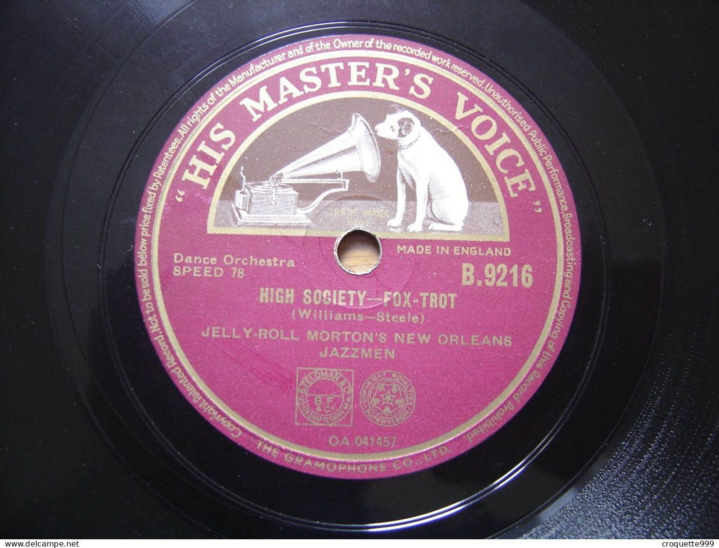 Disque 78 Tours 25 Cm FERD JELLY ROLL MORTON High Society VOIX MAITRE Jazz - 78 Rpm - Gramophone Records