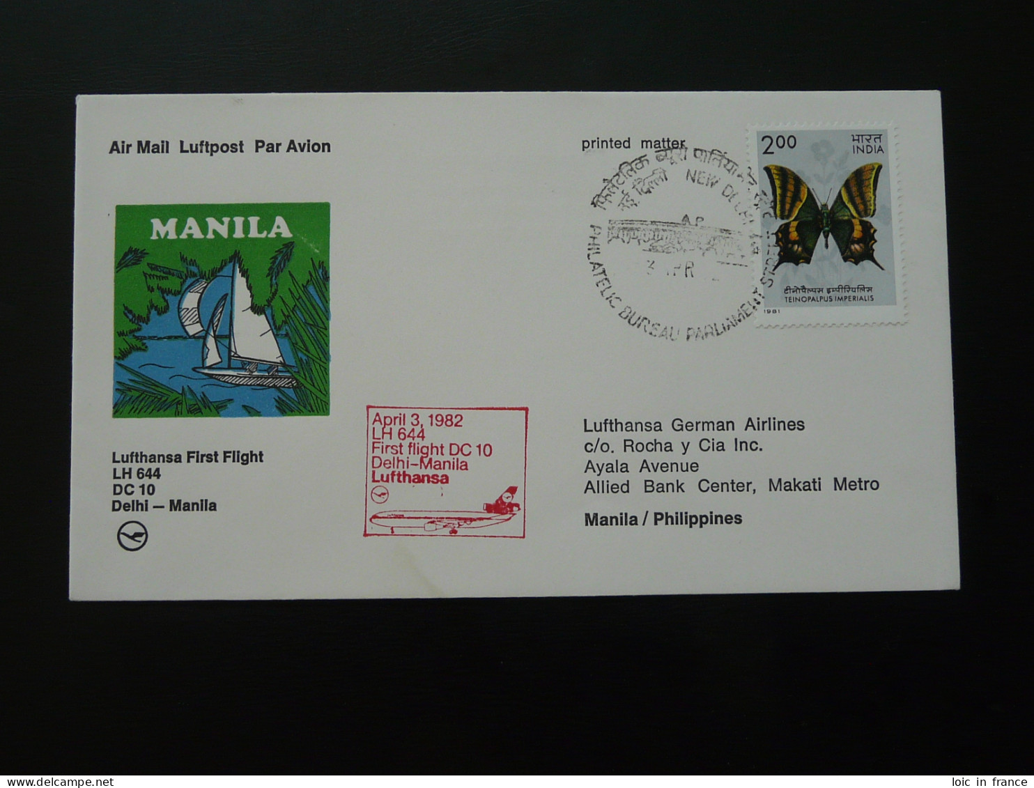 Lettre Premier Vol First Flight Cover Delhi --> Manila Philippines DC10 Lufthansa 1982  - Storia Postale