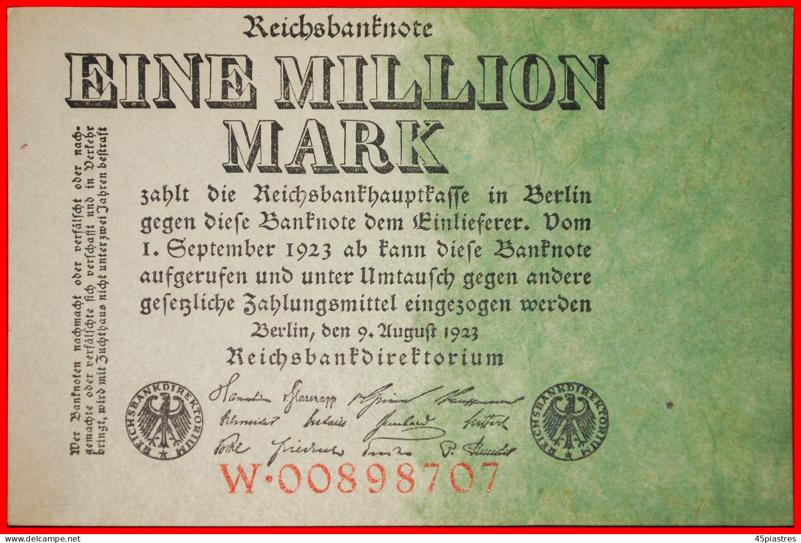 * ONE SIDE: GERMANY  1000000 MARK 1923 CRISP W·00898707! · LOW START!  NO RESERVE! - 1 Million Mark