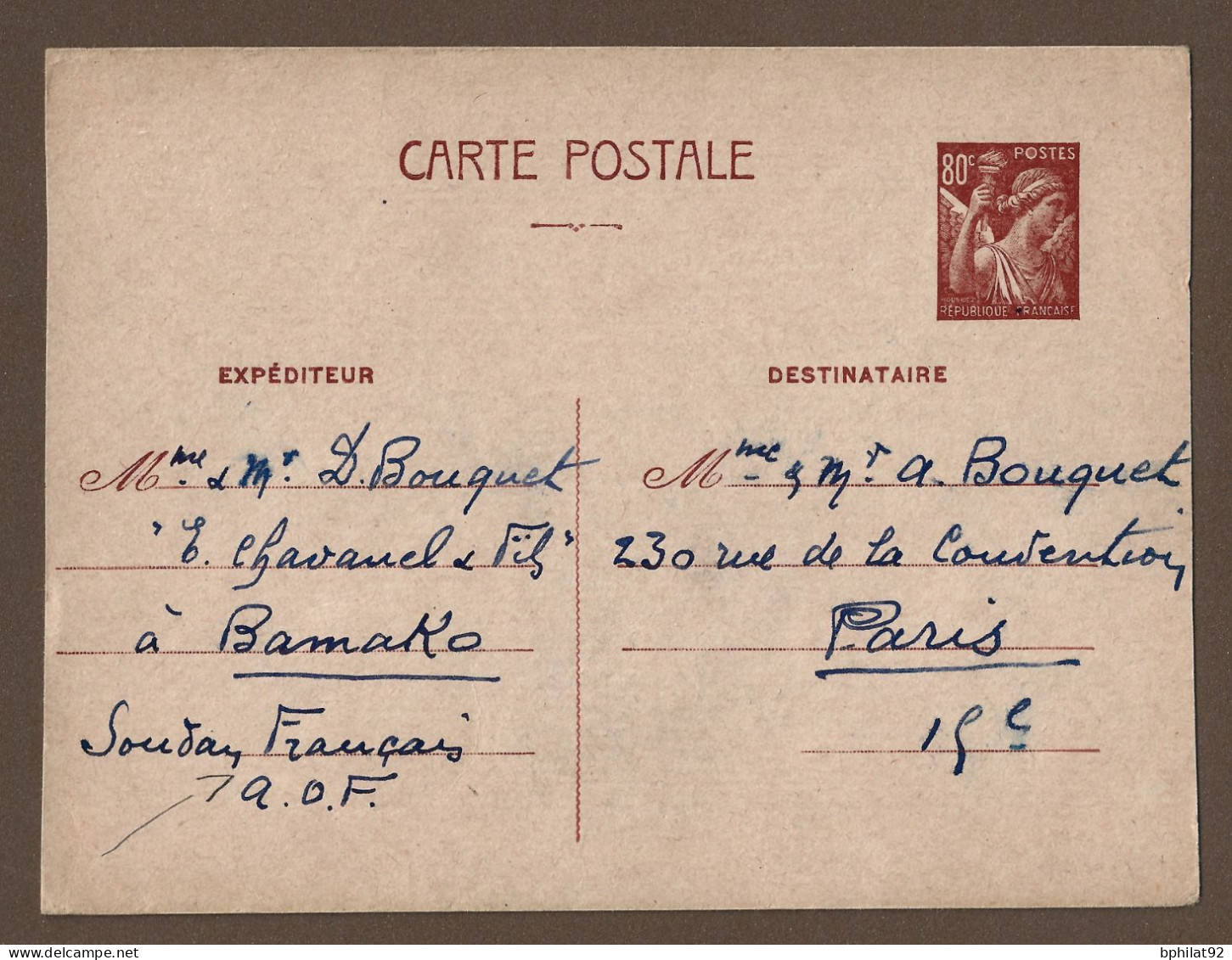 !!! ENTIER POSTAL TYPE IRIS À 0,80CTS UTILISÉ À BAMAKO, SOUDAN FRANÇAIS, POUR PARIS, DE FÉVRIER 1942 - Covers & Documents