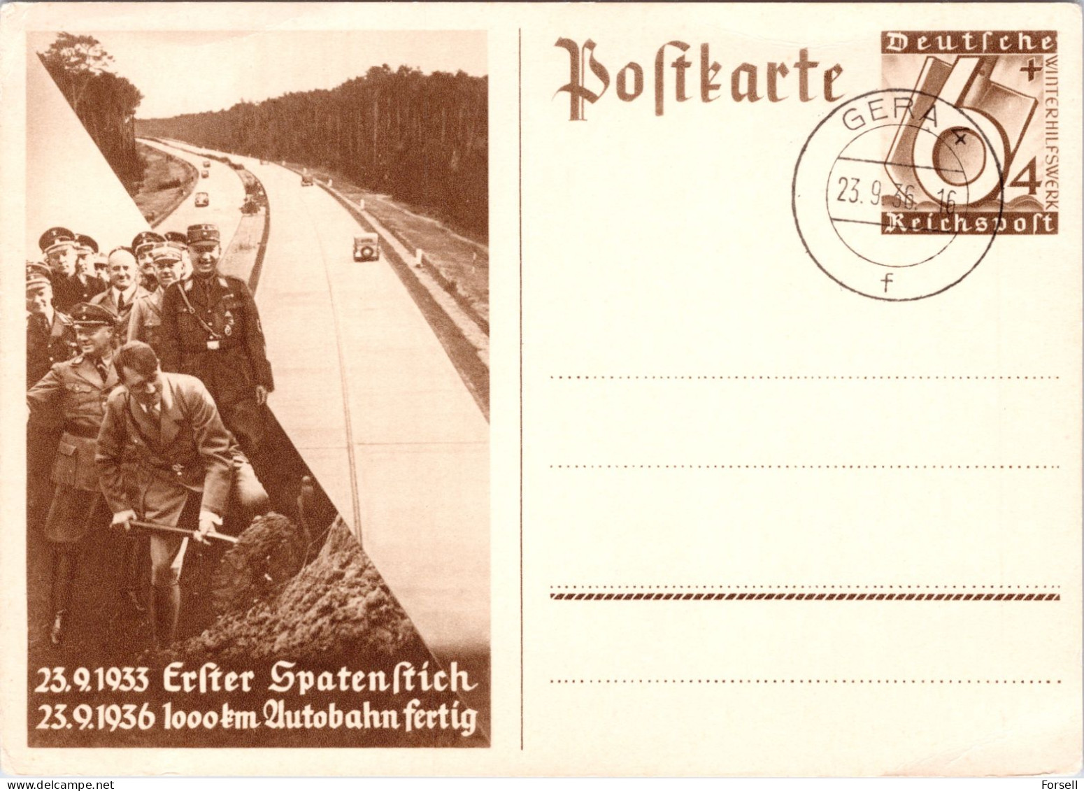 Erster Spatenstich 1000km Autobahn Fertig 1936 (Stempel: Gera 1936) - Postkarten