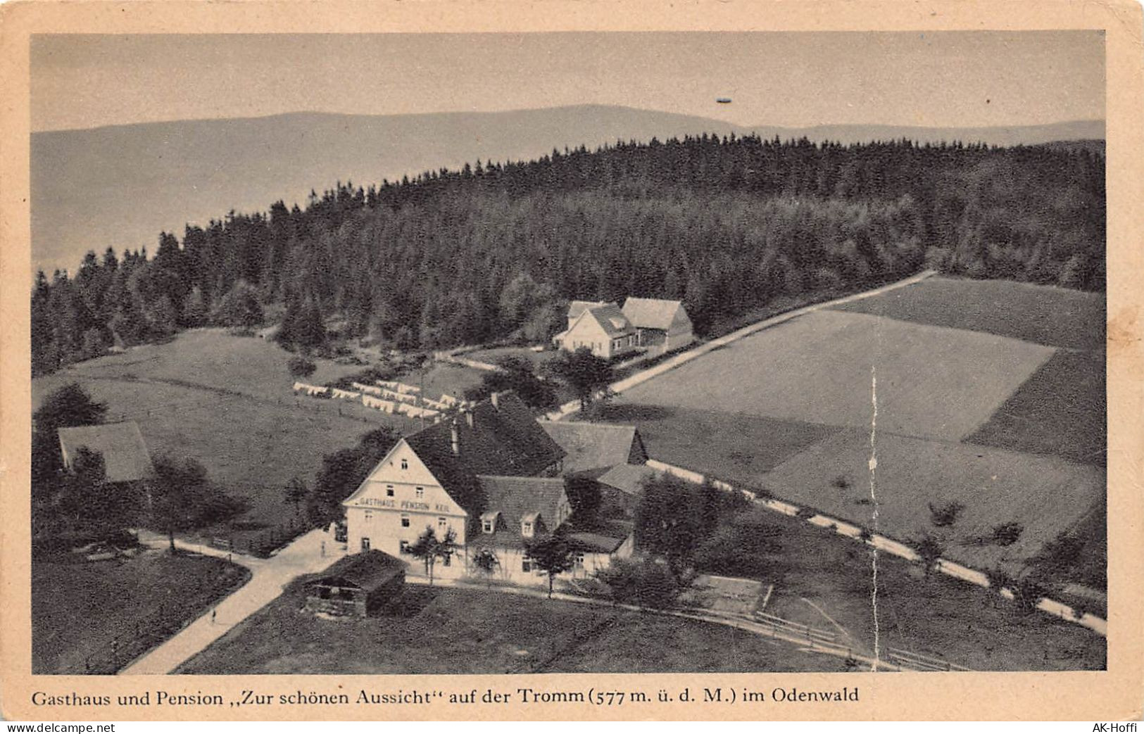 Tromm / Odenwald, Gasthaus-Pension "Zur Schönen Aussicht", Flugzeugaufnahme (931) - Odenwald