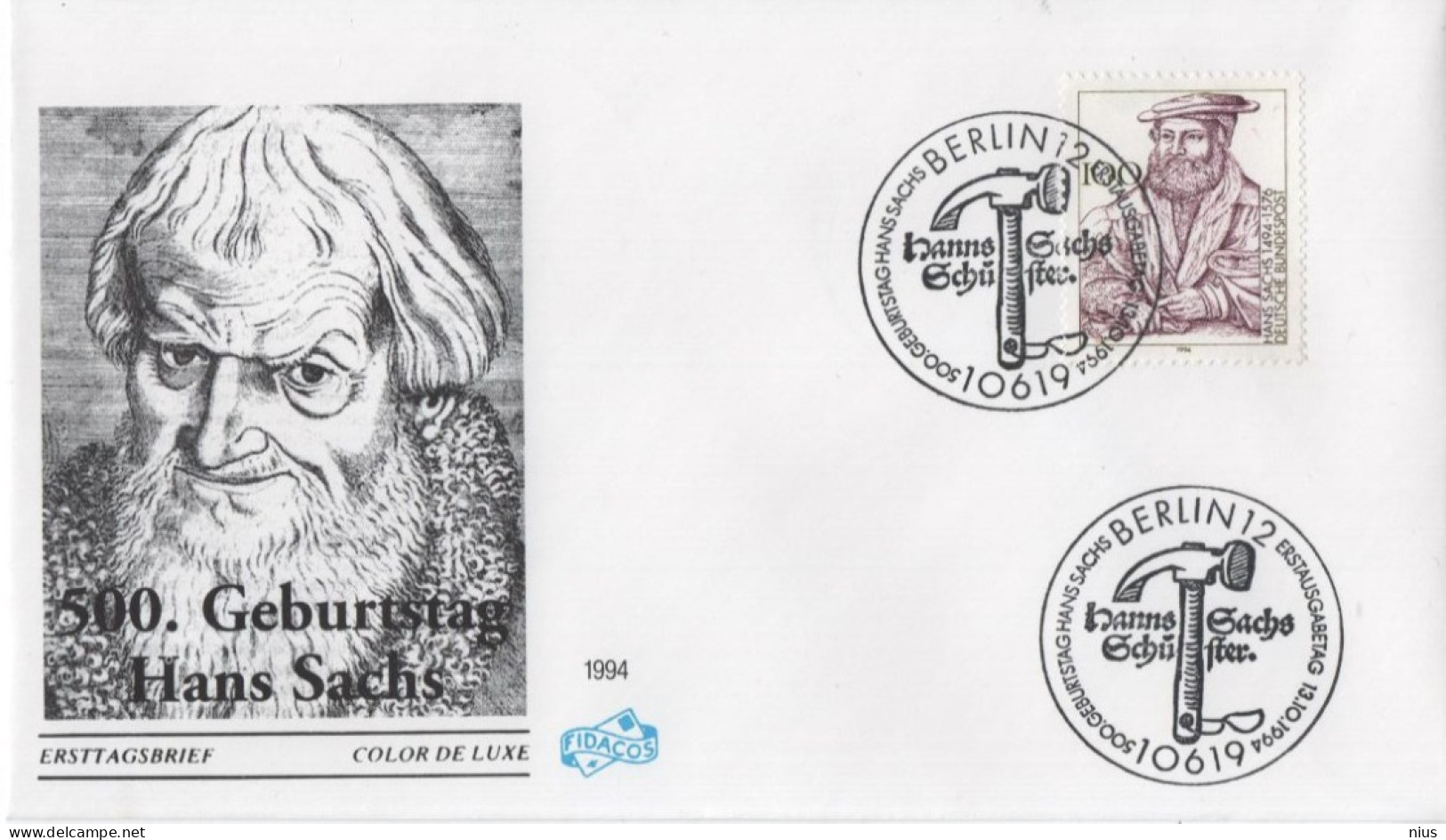 Germany Deutschland 1994 FDC Hans Sachs, Poet, Playwright, Writer, Canceled In Berlin - 1991-2000