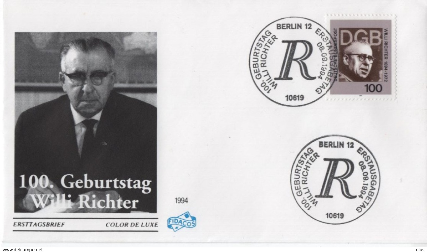 Germany Deutschland 1994 FDC Willi Richter, German Politician Politiker, Canceled In Berlin - 1991-2000