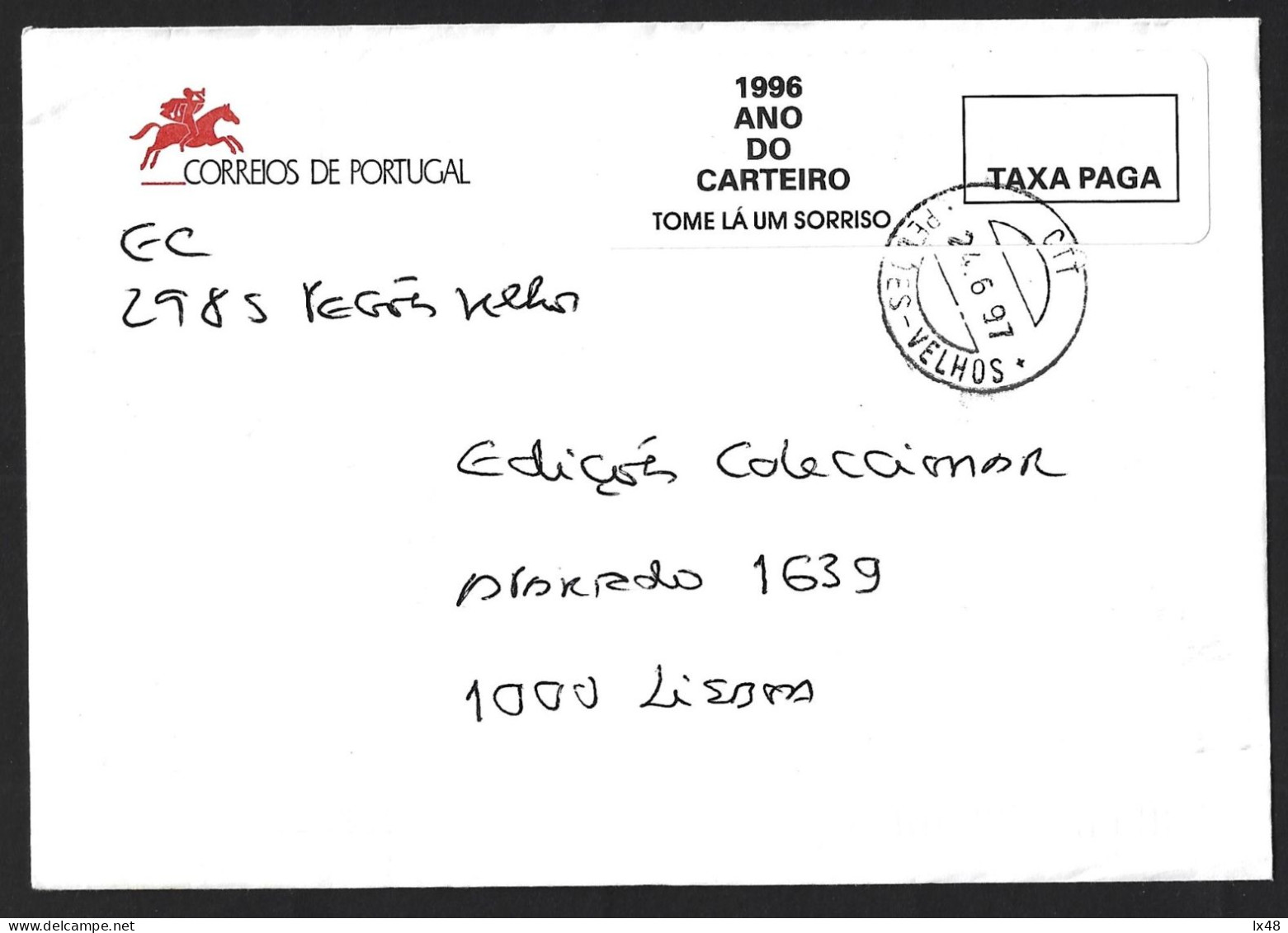 Correios Letter With Obliteration Alhos Vedros 1997. Label '1996 Year Of Postman - Have A Smile'.Etiqueta '1996 Ano Cart - Briefe U. Dokumente