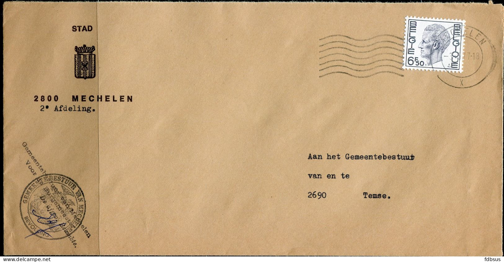 1977 Enveloppe Van Het Gemeentebestuur STAD MECHELEN 2800 2e Afdeling Naar Temse - Gefr. 6.50Fr Elstrom - Lettres & Documents