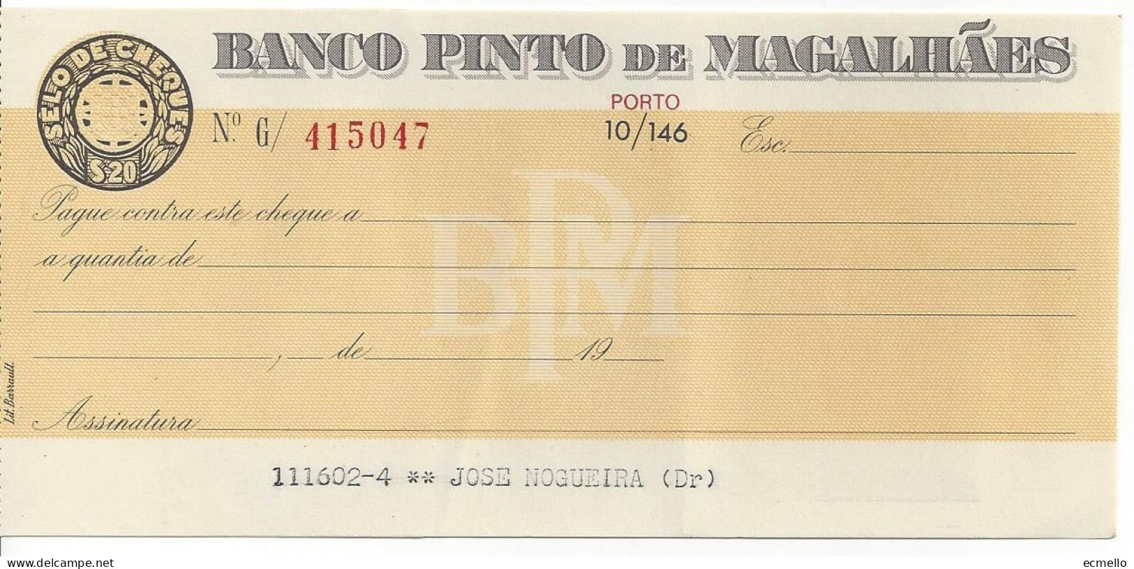 PORTUGAL CHEQUE CHECK BANCO PINTO DE MAGALHÃES PORTO 1970'S - Chèques & Chèques De Voyage