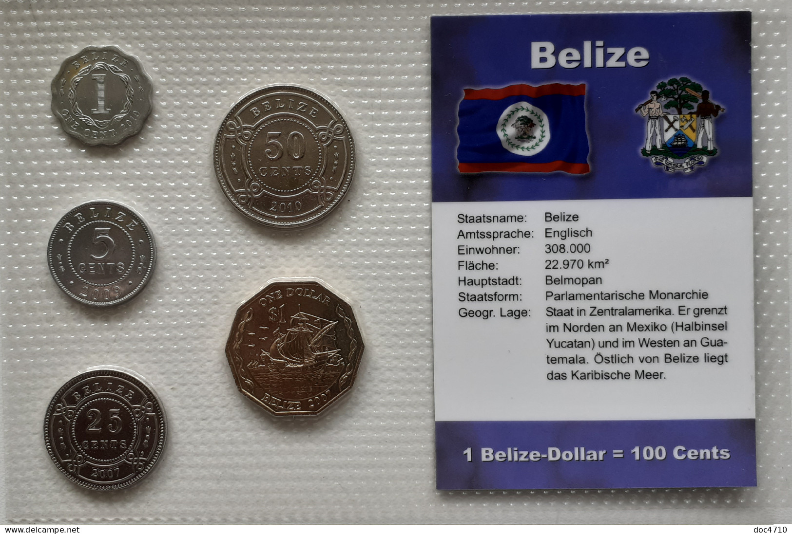 Belize 1,5,25,50 Cents; 1 Dollar 2007-2010, Set 5, Unc Sealed - Belize