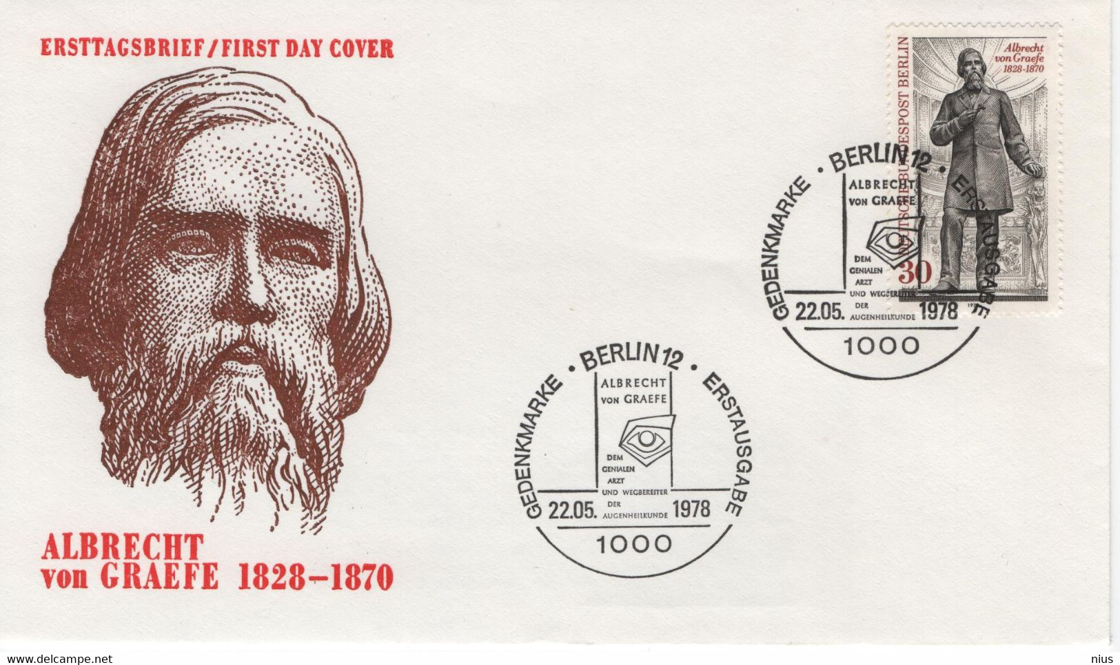 Germany Deutschland 1978 FDC Albrecht Von Graefe, Ophthalmologist Medicine Ophthalmology, Canceled In Berlin - 1971-1980