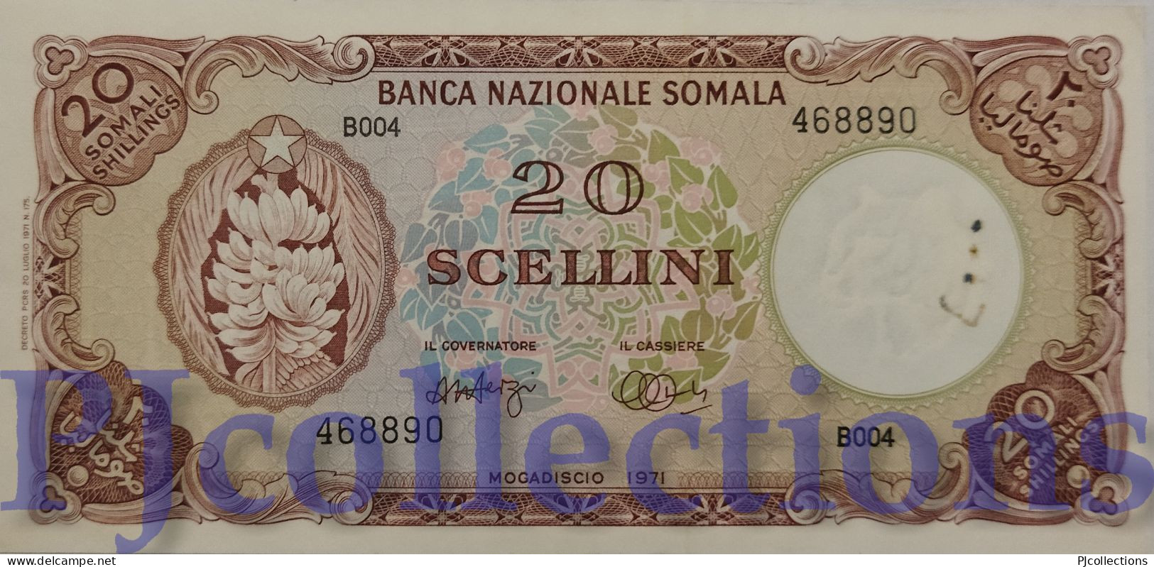 SOMALIA 20 SCELLINI 1971 PICK 15a AU/UNC RARE W/GRAFFITI - Somalie