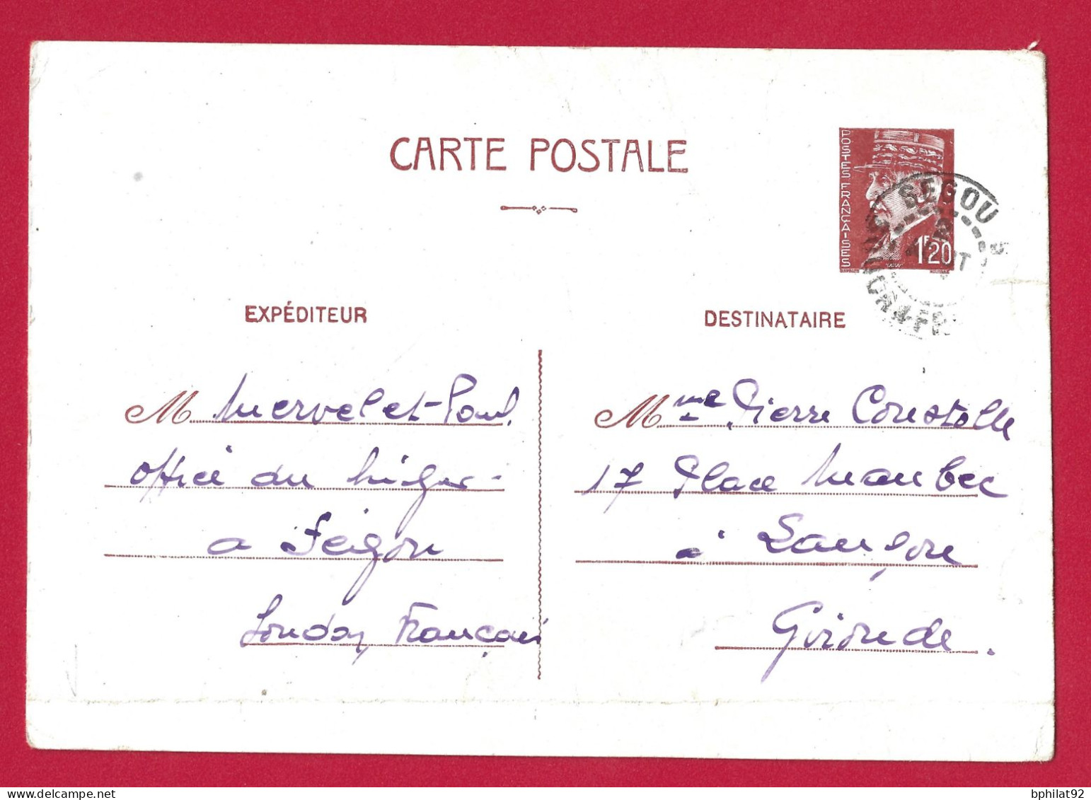 !!! ENTIER PÉTAIN UTILISÉ À SÉGOU, SOUDAN FRANÇAIS, DU 2 AOÛT 1942 - Storia Postale