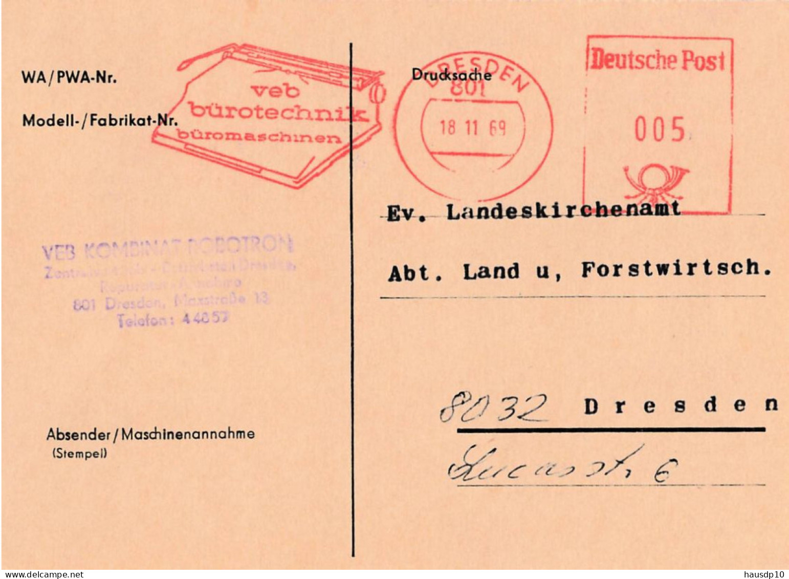 DDR Brief AFS VEB Bürotechnik Büromaschinen Dresden 1969 - Frankeermachines (EMA)