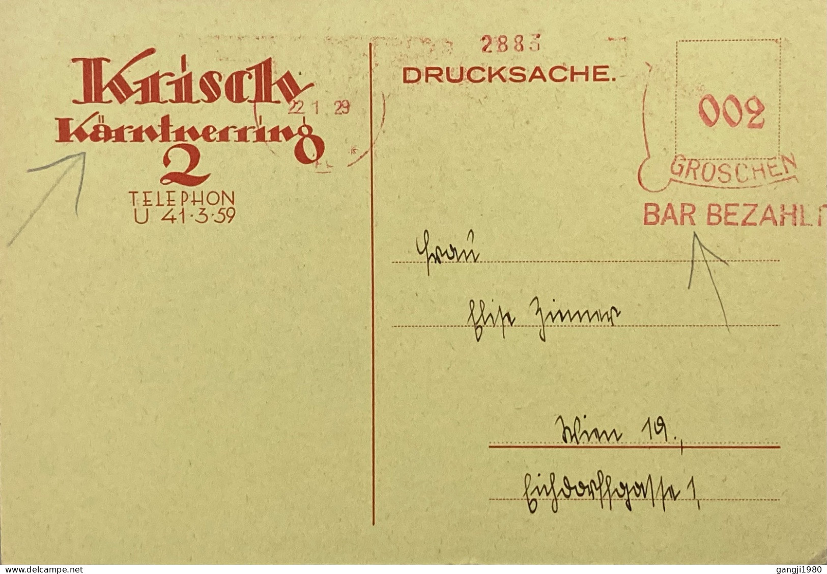 AUSTRIA 2022, ADVERTISING CARD, METER MACHINE SLOGAN CANCEL, PAID IN CASH  KRISCH KARNTNERRING, BAR BEZAHLT - Brieven En Documenten