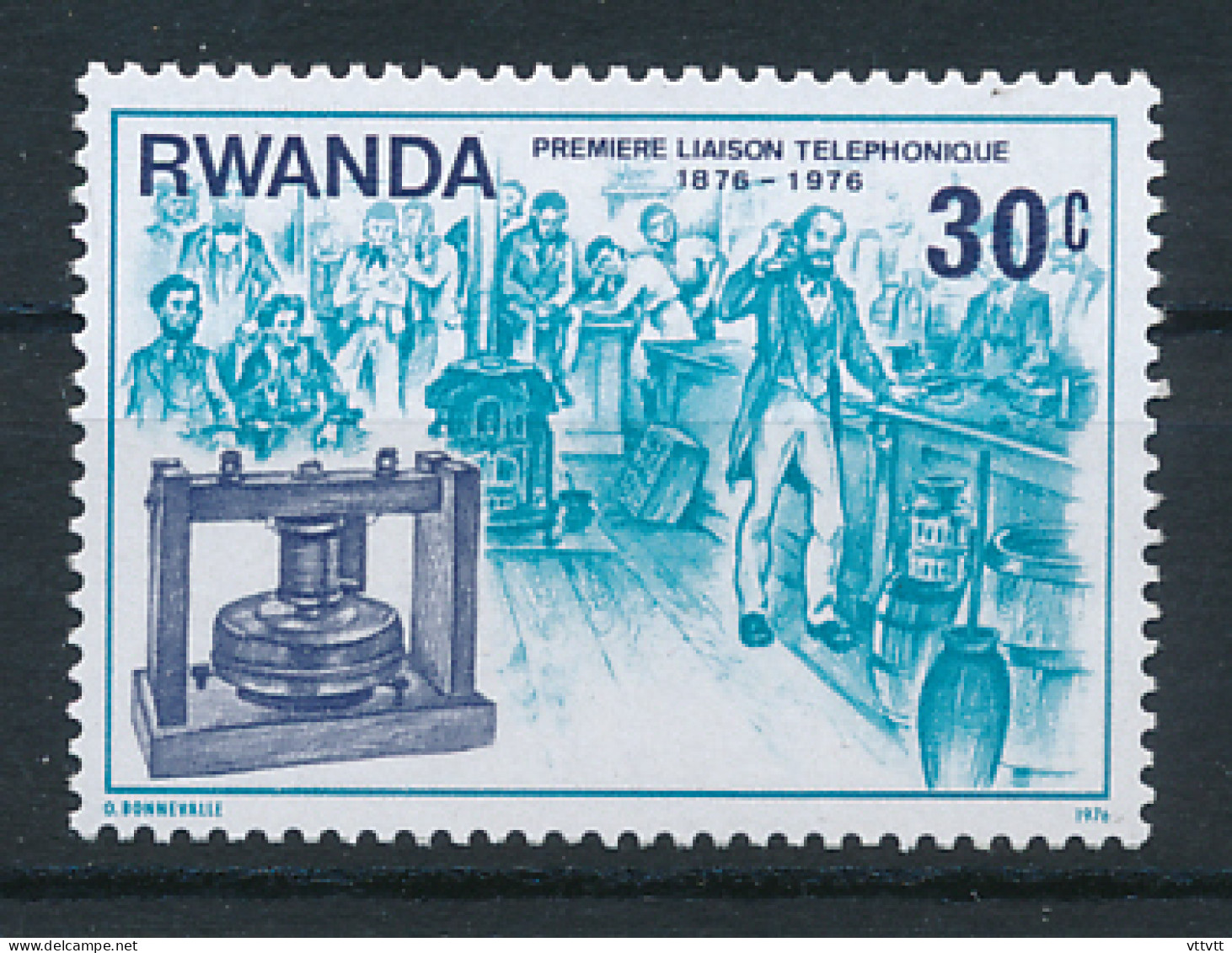 Timbre : RWANDA, 1976, Premièe Liaison Téléphonique 1876-1976, 30 C, Neuf - Nuevos