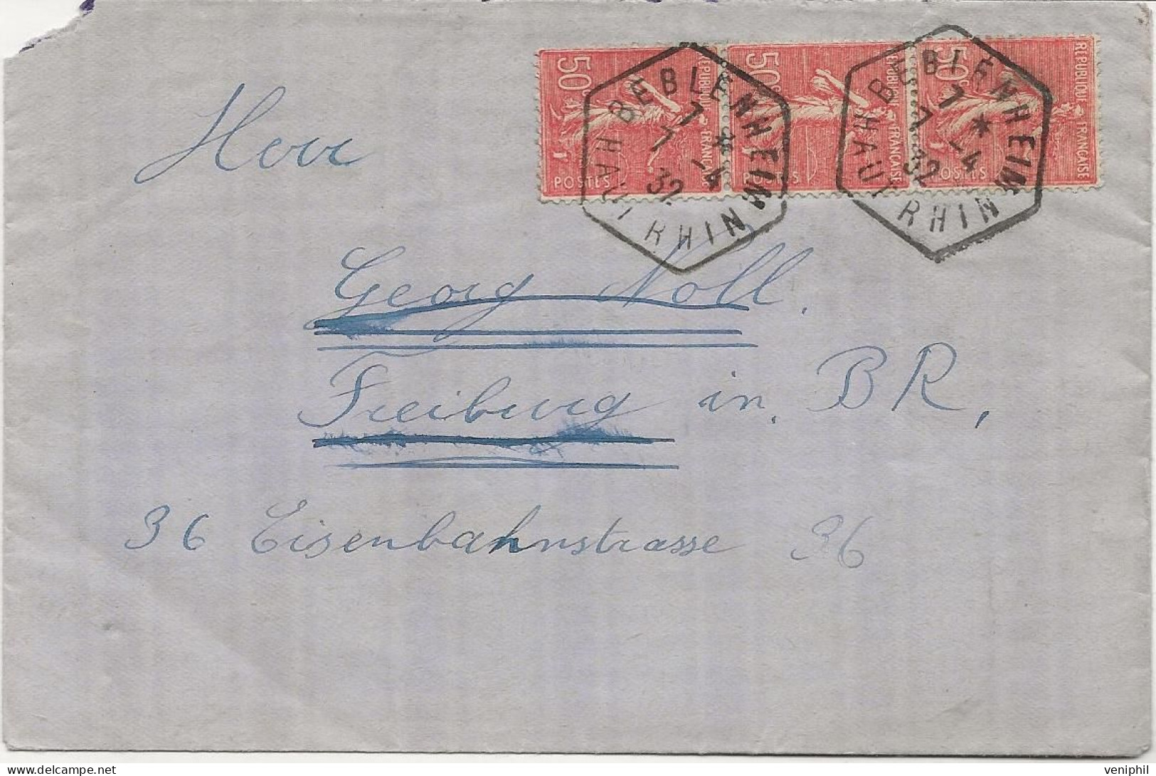 LETTRE AFFRANCHIE PAIRE N° 199 -3 EXEMPLAIRES - OBLITERATION HEXAGONAL BEBLENHEIM HT RHIN 1932 - Cartas & Documentos