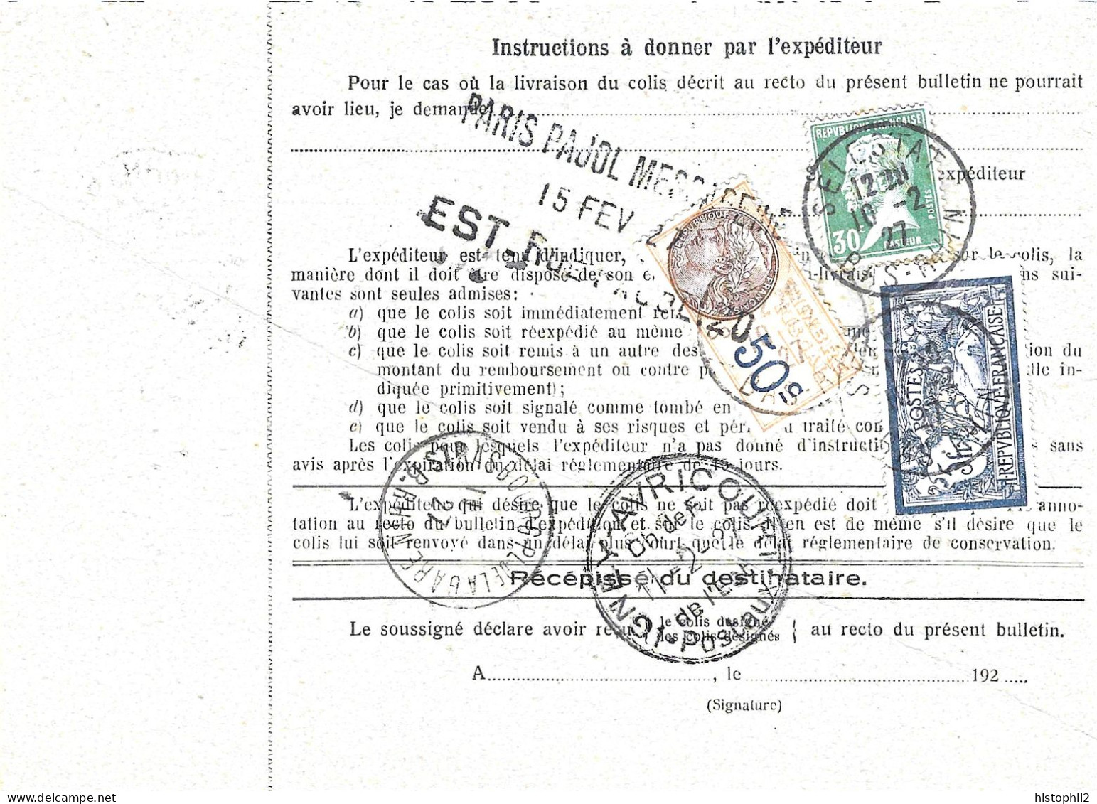 Bulletin Colis VD 3,7 Kg Bureau De Poste Sélestat Pour Réexpédition 10/2/1927 Dernier Jour Timbre 5F Merson Non Perforé - Storia Postale