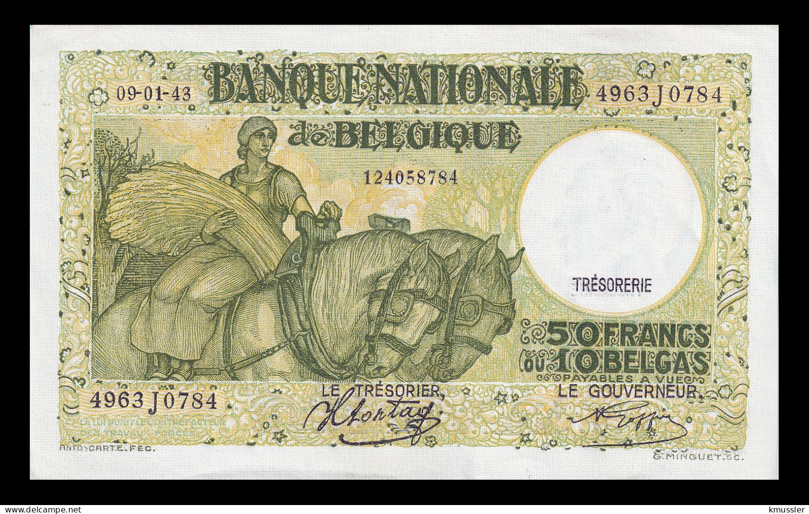 # # # Banknote Belgien (Belgium) 50 Francs 1943 AUNC- # # # - 50 Francs-10 Belgas