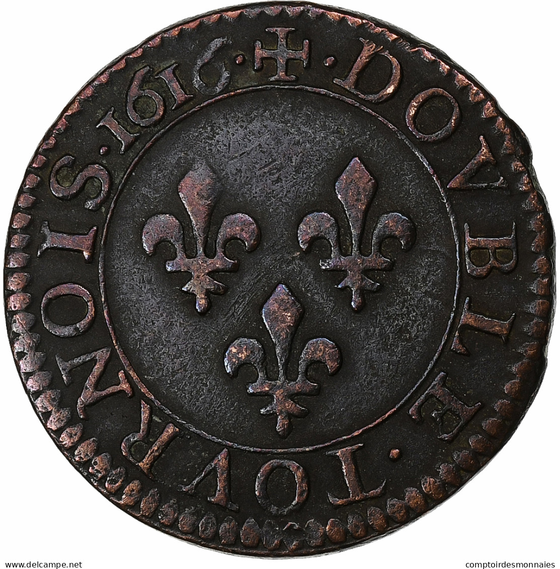 France, Louis XIII, Double Tournois, Buste Enfantin, 1616, Paris, Cuivre, TB+ - 1610-1643 Luis XIII El Justo