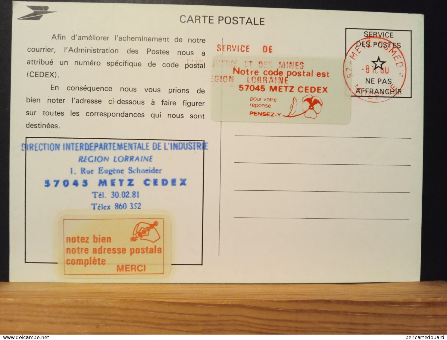 Code Postal. Carte Postale Oblitérée Avec Un EMA En Franchise, Vignette 57045 METZ CEDEX - Covers & Documents