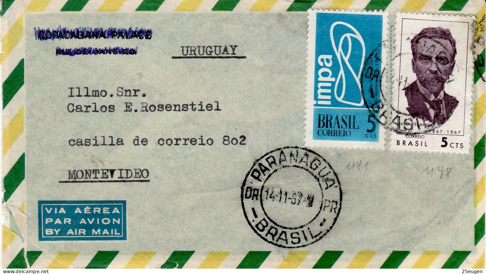 BRAZIL 1967 AIRMAIL  LETTER SENT TO MONTEVIDEO - Lettres & Documents