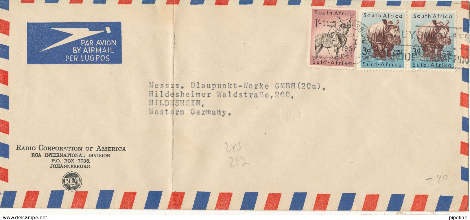 South Africa Air Mail Cover Sent To Germany 10-2-1957 Folded Cover Topic Stamps - Poste Aérienne