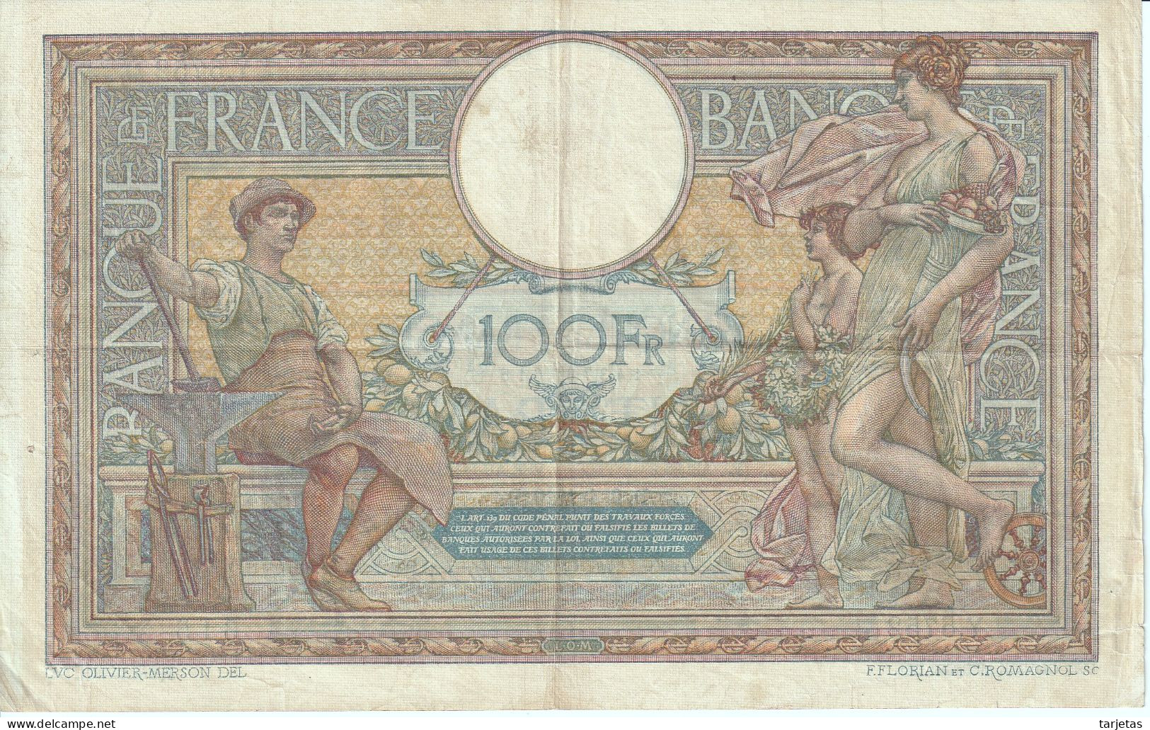 BILLETE DE FRANCIA DE 100 FRANCS DEL AÑO 1919 LUC OLIVIER MERSON (BANKNOTE) - 100 F 1908-1939 ''Luc Olivier Merson''