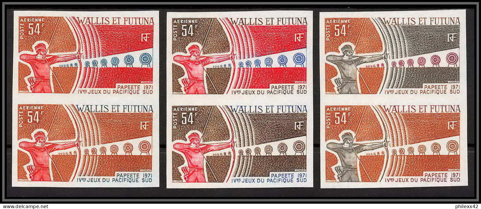 92552a Wallis Et Futuna PA N°40 Tir à L'arc Archery Jeux Du Pacific 1971 Lot 6 Essais Proof Non Dentelé Imperf ** MNH - Tir à L'Arc