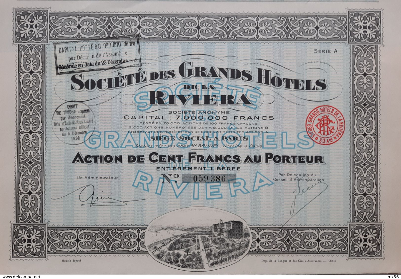 Société Des Grands Hôtels De La Riviera - Paris - Action De 100 Fr - 1930 - Tourisme