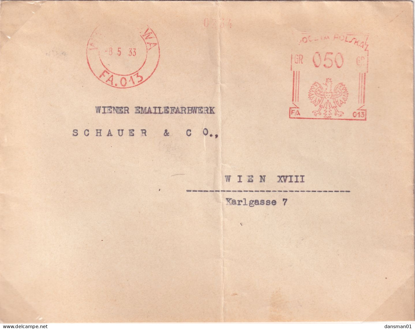 Poland 1933 Meter Mark On Cover - Briefe U. Dokumente