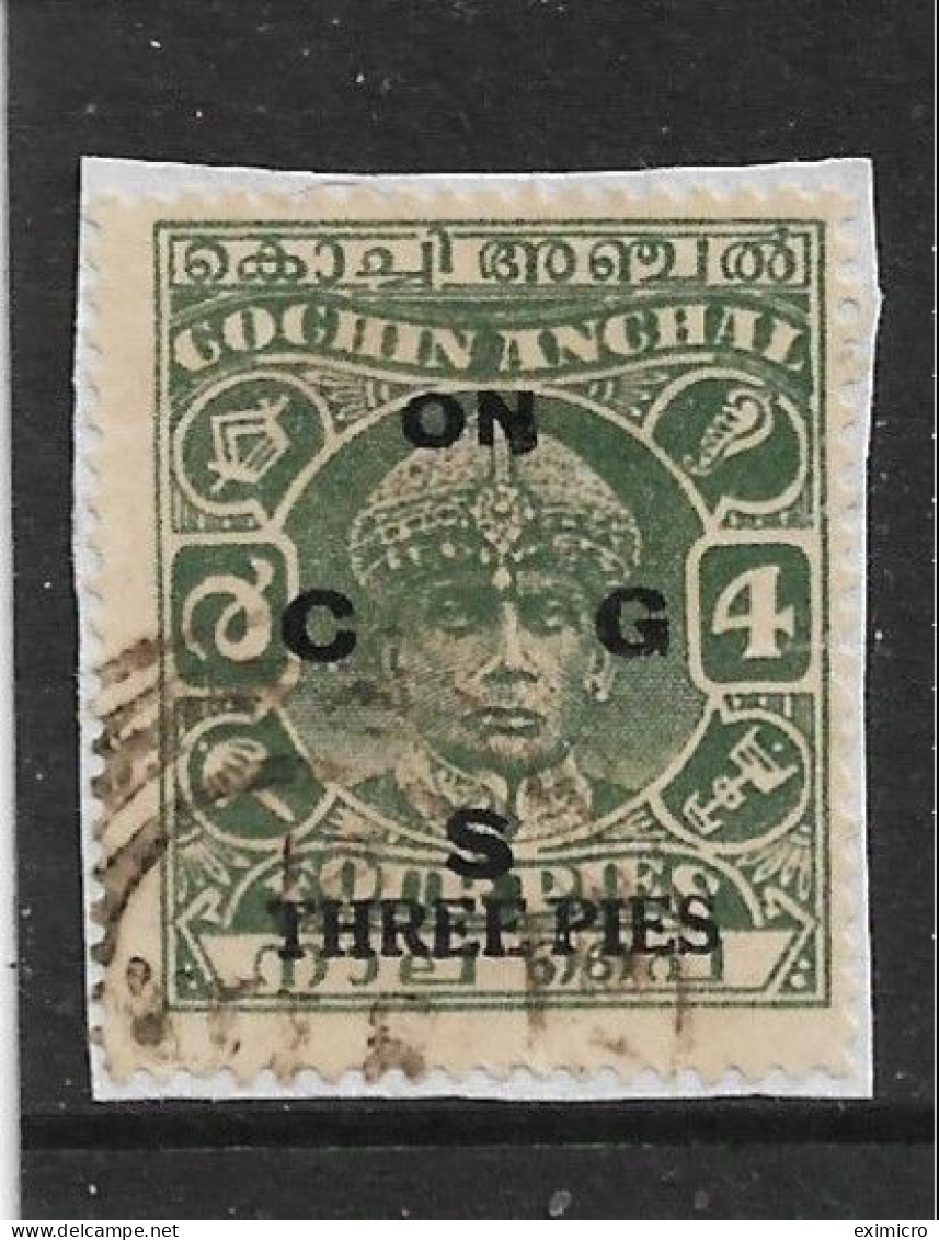 INDIA - COCHIN 1942 - 1943 SURCHARGE OFFICIAL ON PIECE 3p On 4p SG O62 PERF 13 X 13½ FINE USED Cat £19 - Cochin