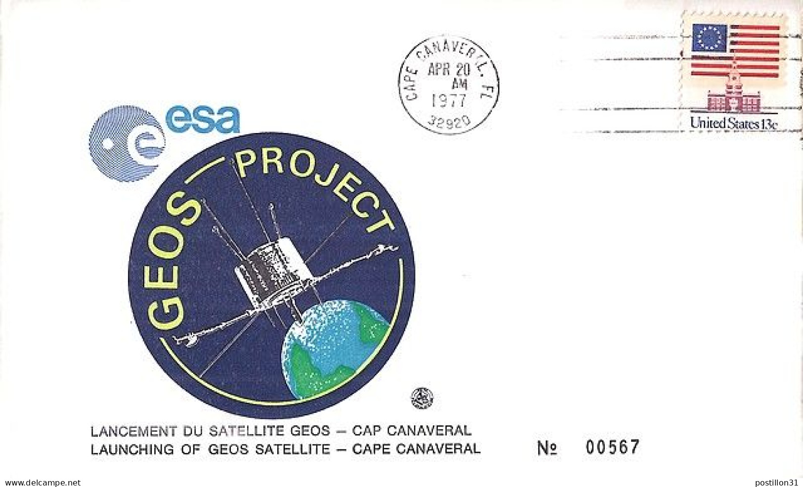 USA-AERO N° 1076A S/L.DE CAPE CANAVERAL/20.4.77  THEME: SATELLITE GEOS - 3c. 1961-... Cartas & Documentos