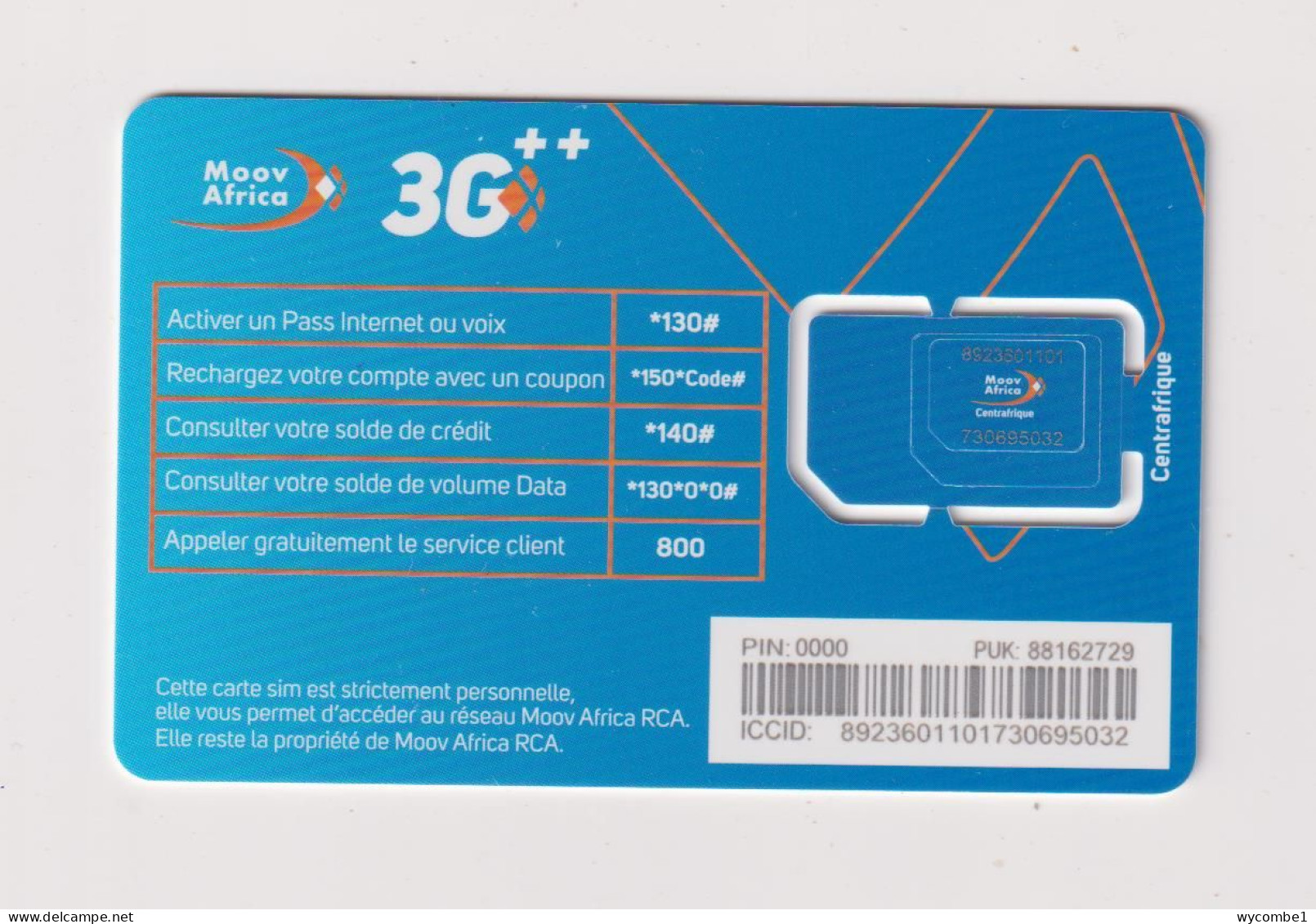 CENTRAL AFRICAN REPUBLIC -  Moov 3G Unused Chip SIM Phonecard - Central African Republic