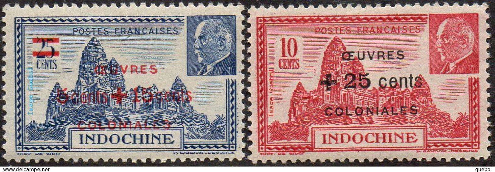 Détail De La Série Maréchal Pétain * Indochine N° 294 Et 295 Temple D'Angkor - 1941 Série Maréchal Pétain