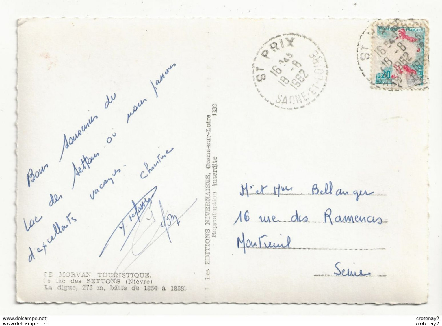 58 Le LAC Des SETTONS Vers Montsauche La Digue 275m Bâtie De 1854 à 1858 VOIR DOS Postée De St Prix En 1962 - Montsauche Les Settons