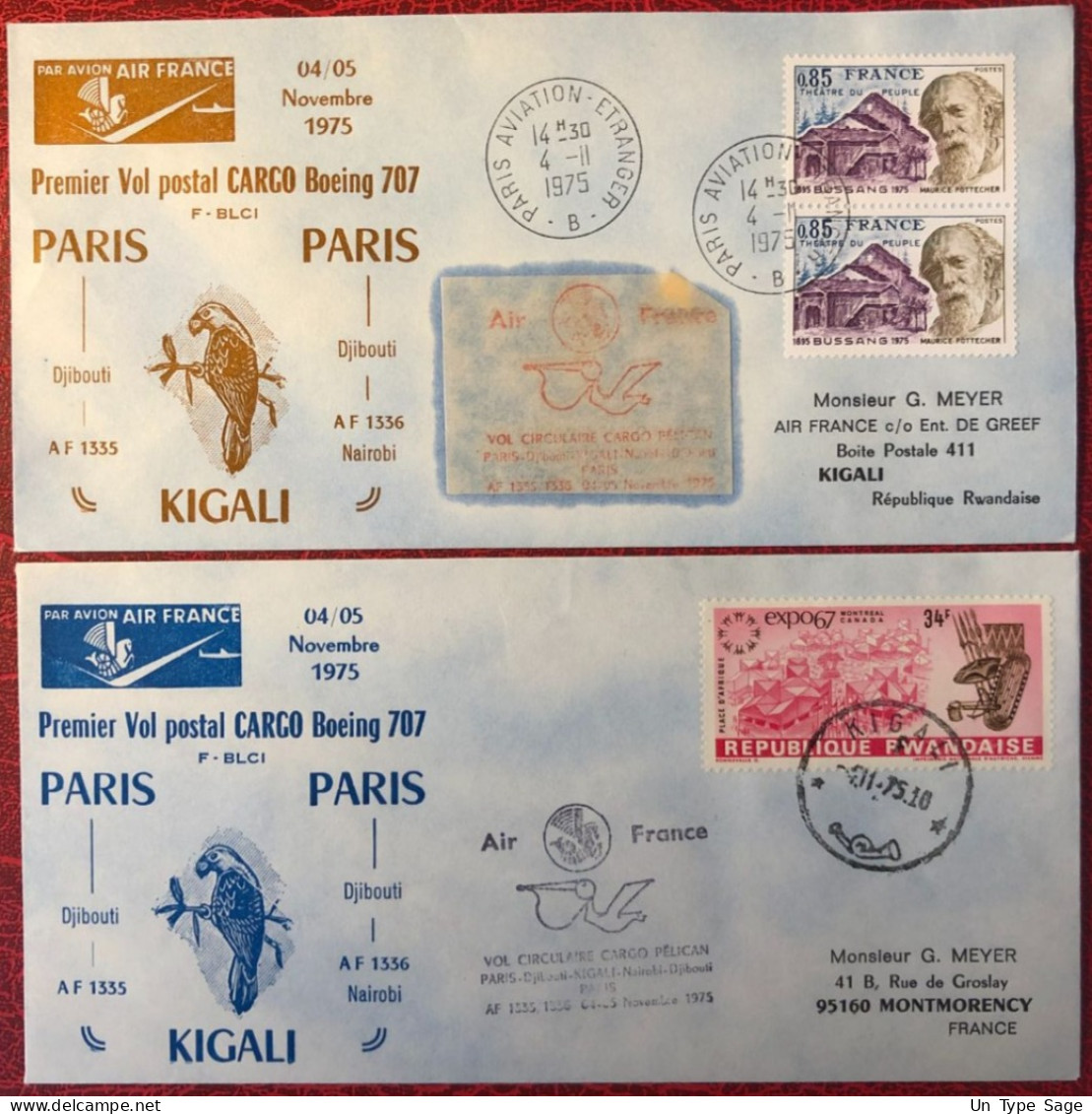 France, Premier Vol (Boeing 707) PARIS / KIGALI 4/5.11.1975 - 2 Enveloppes - (A1425) - Eerste Vluchten