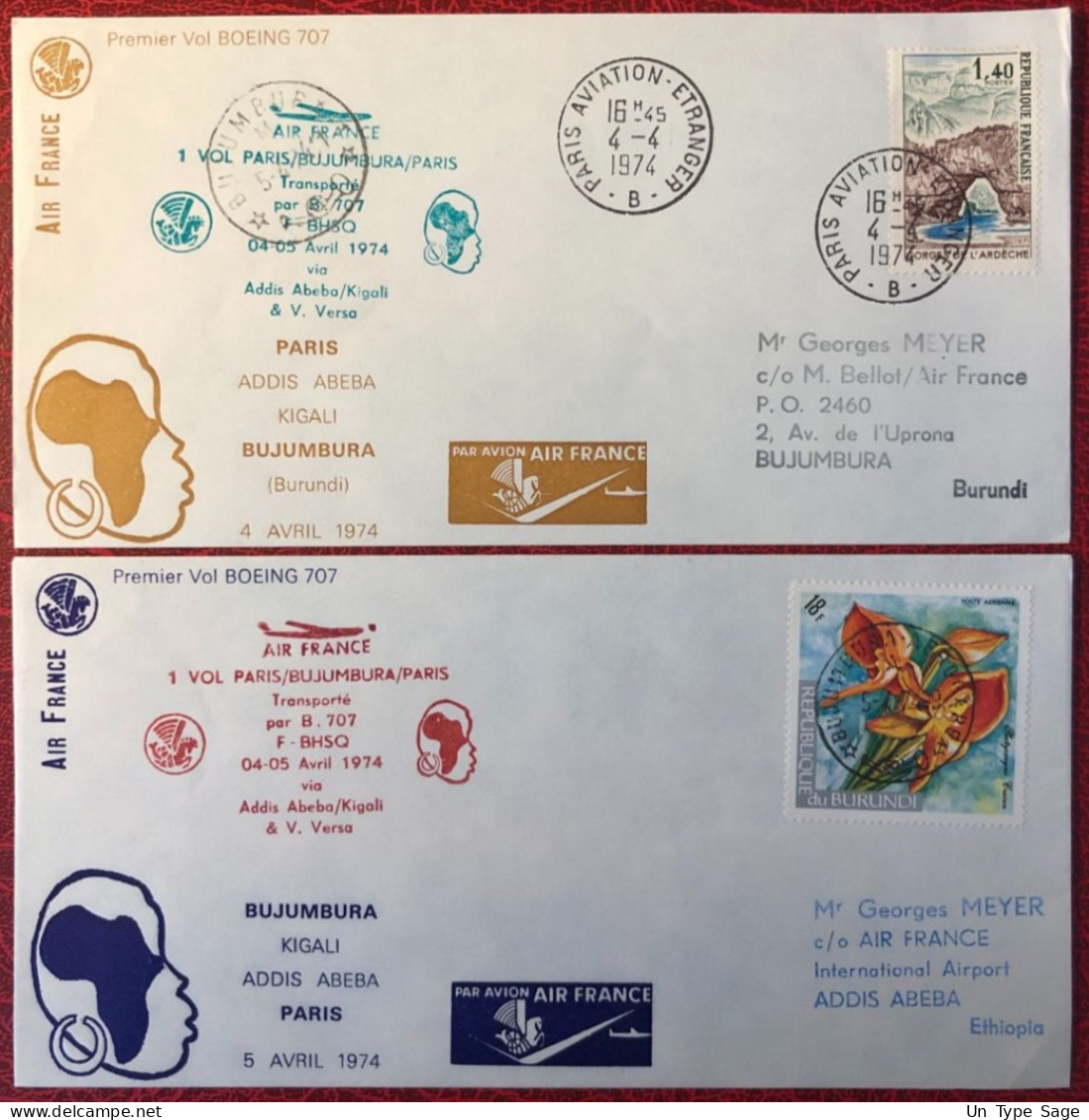 France, Premier Vol (Boeing 707) PARIS / BUJUMBURA 4/5.4.1974 - 2 Enveloppes - (A1437) - Erst- U. Sonderflugbriefe