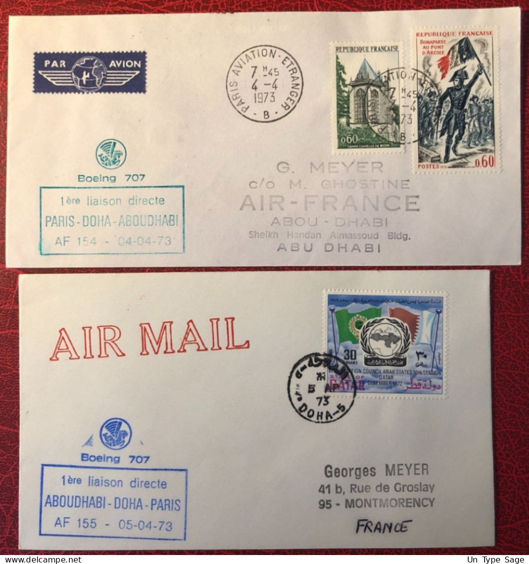 France, Premier Vol (Boeing 707) PARIS / ABOUDHABI 4.4.1973 - 2 Enveloppes - (A1446) - Premiers Vols