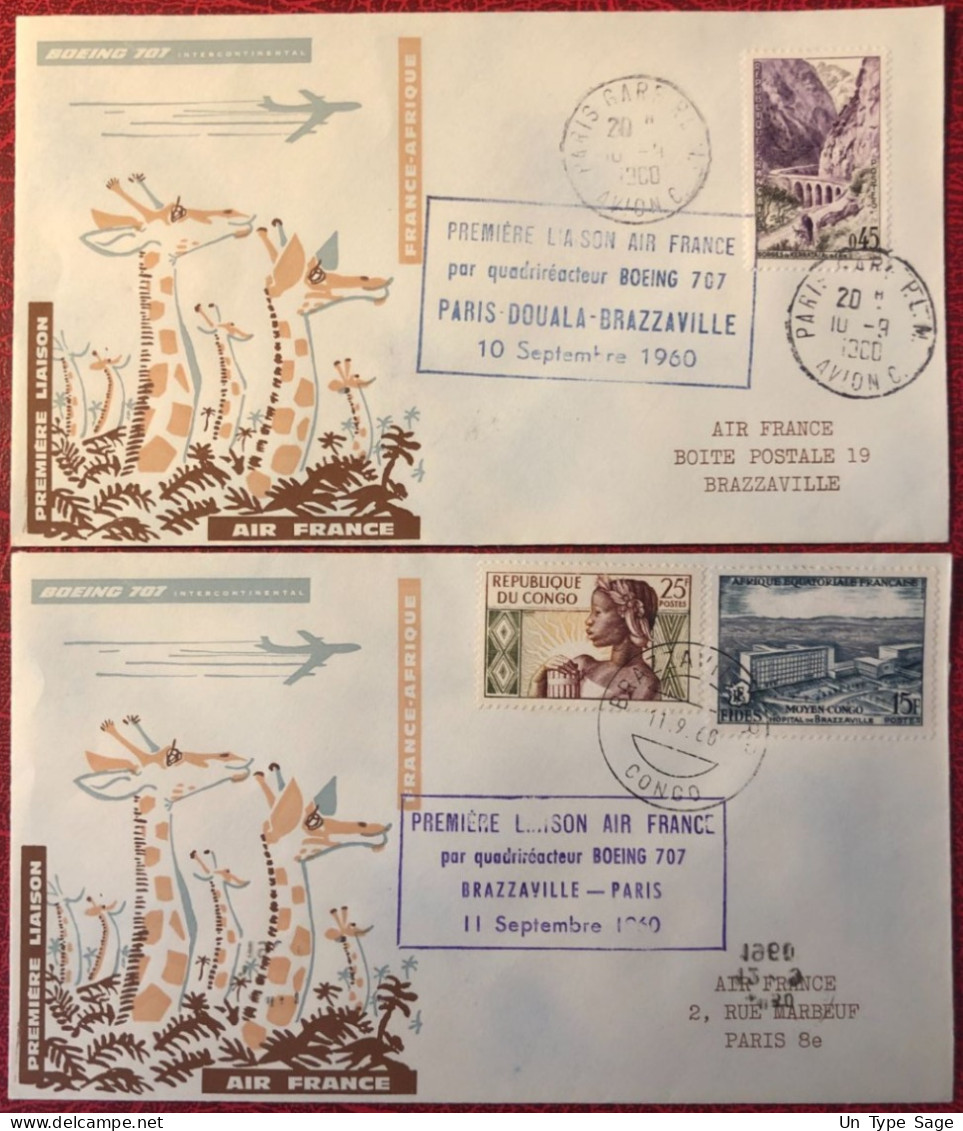 France, Premier Vol (Boeing 707) PARIS / BRAZZAVILLE 10.9.1960 - 2 Enveloppes - (A1458) - Eerste Vluchten