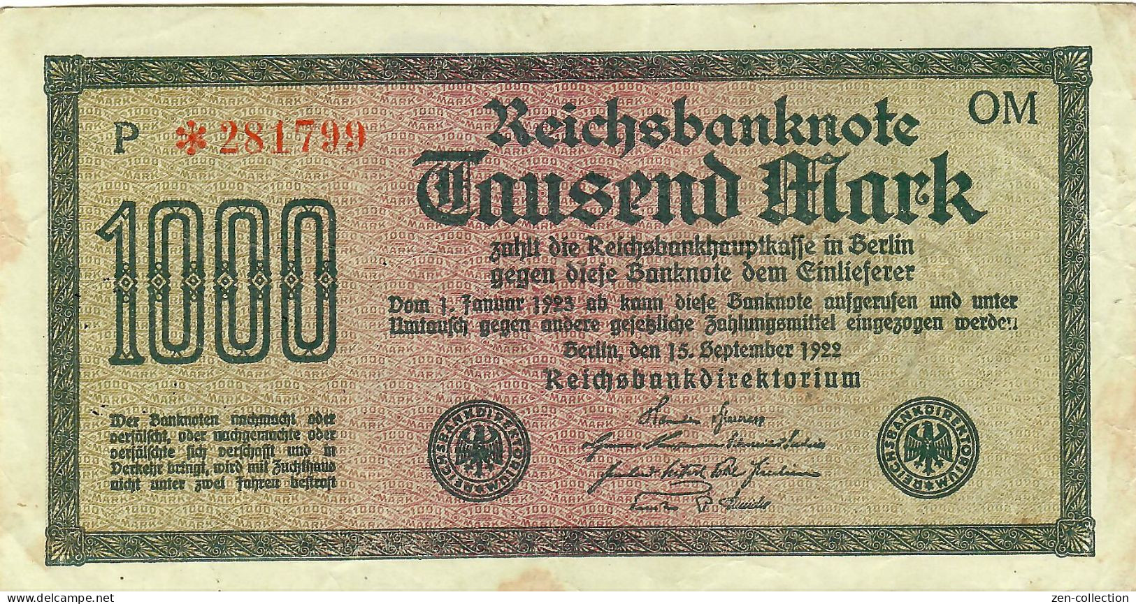 WW2 Germany French Propaganda FORGERY Overprint On Genuine 1000 Mark 1923 Banknote VF - Colecciones