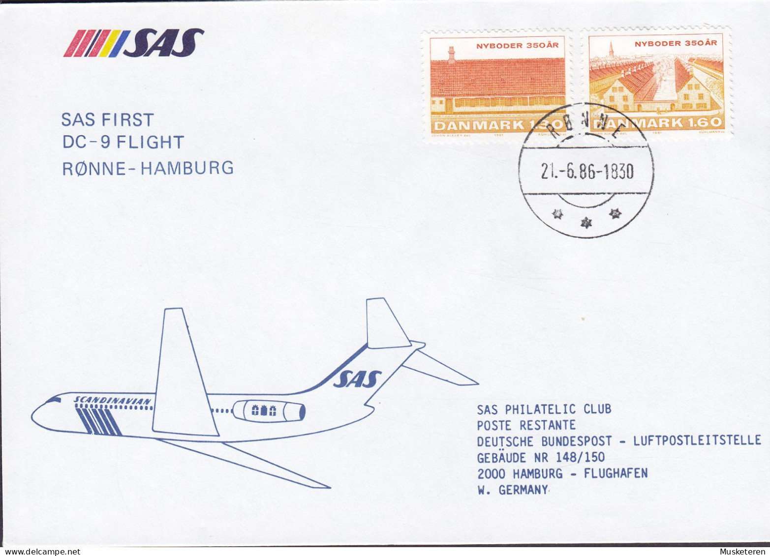 Denmark SAS First DC-9 Flight RØNNE-HAMBURG Brotype RØNNE (Bornholm) 1986 Cover Brief Lettre Nyboder Complete Set - Poste Aérienne